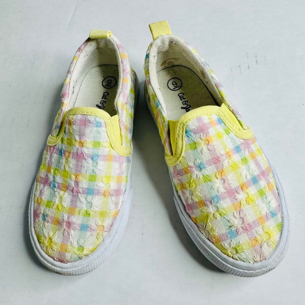 Cat & Jack Little Girl's 9 Slip On Embroidered Floral Gingham Sparkly Sneakers